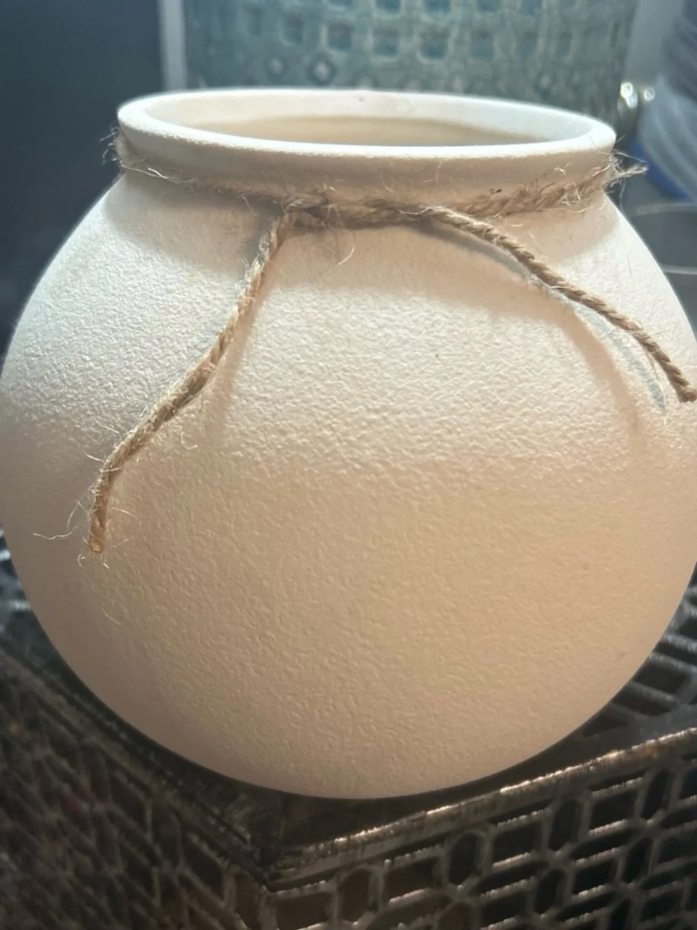 Textured White Round Terra cotta Ceramic Vase with Twine Accent